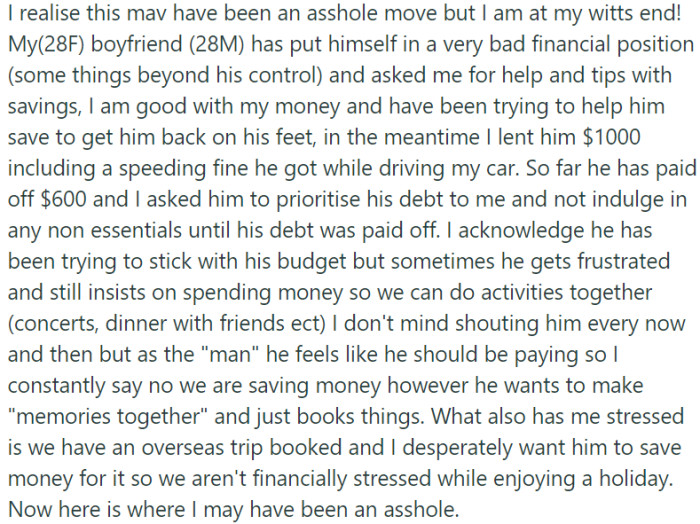 OP's boyfriend is in a dire financial situation and has asked for her help