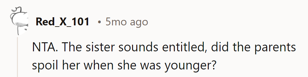 NTA. Sounds like her sister got the royal treatment growing up.