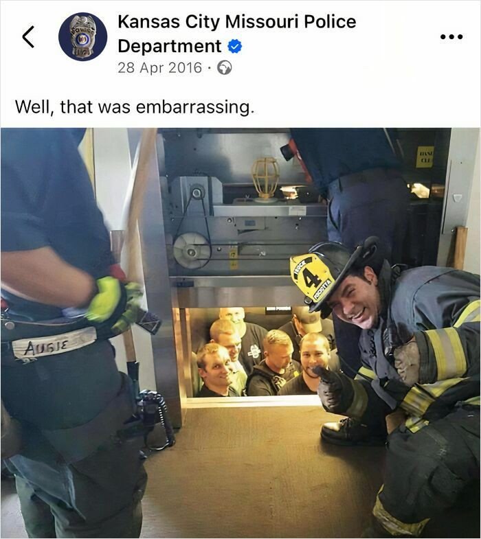 "Kansas City Fire Department Saves The Kansas City Police Department From The Elevator"