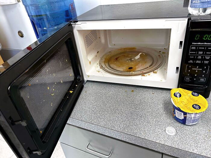 47. The microwave in the staff room at my workplace, subsequent to the employment of several 15-year-olds lacked proper etiquette.