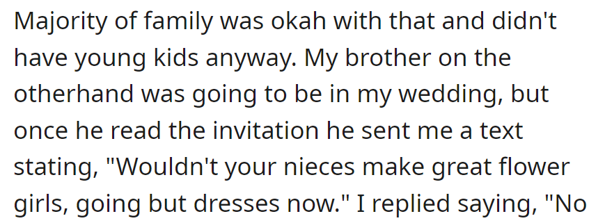 Family is okay with the no-kids request. Brother, in the wedding, suggested his daughters as flower girls via text, dresses bought.