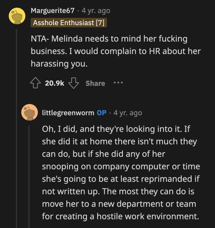 If Melinda used a company device to spy on OP, then she's screwed