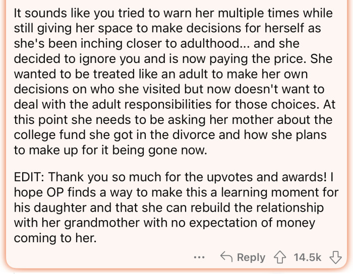 The daughter ignored OP's warnings and now has to deal with the consequences.