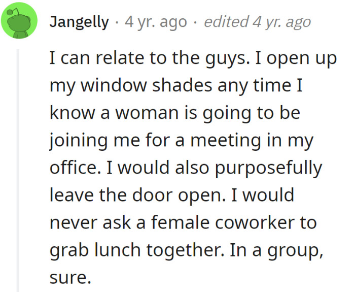His office: the stage for meetings or a Broadway show? Window shades open, door ajar—drama or just a lunch invite in a group setting?