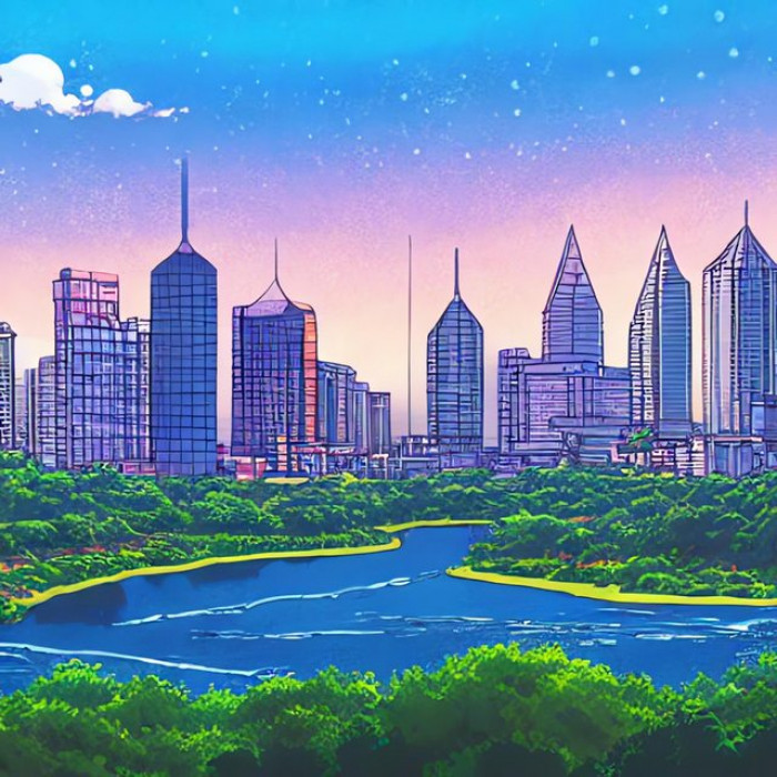 A vast green landscape with (Austin) city skyline and a river running through it