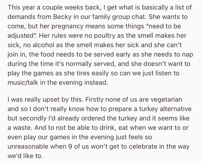 OP’s pregnant SIL will be attending Thanksgiving this year, but the problem is, she's trying to control everything that will happen in the event