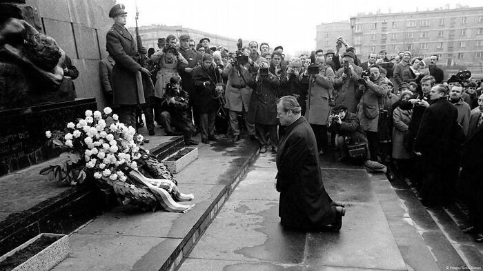 "West German Chancellor Willy Brandt at the Warsaw Ghetto Uprising Memorial in Poland, Showing Remorse for German Atrocities Against Jews During the Uprising and War, 1970."