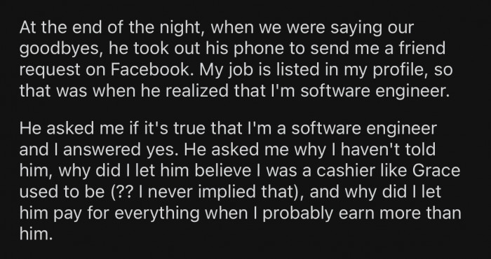 Nick was shocked later on after discovering what OP did for a living.