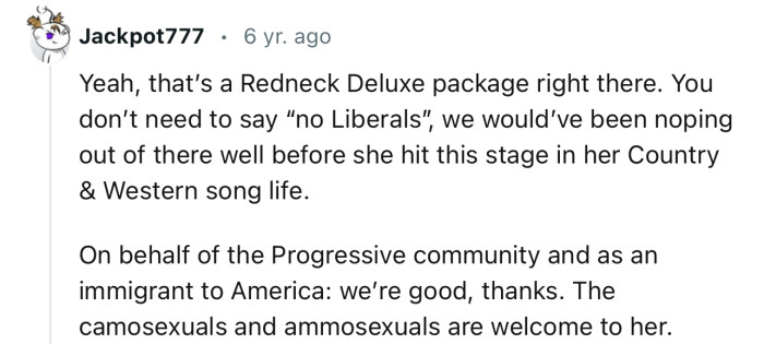 “On behalf of the Progressive community and as an immigrant to America: we’re good, thanks.”