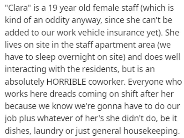 OP has one coworker, Clara, who stands out among the crowd