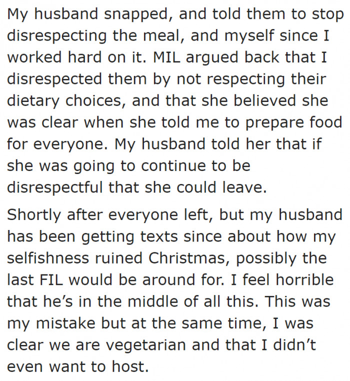 The OP's husband got into an argument with her FIL, who made some negative remarks about the food.
