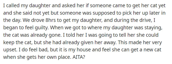 In a well-intentioned but unfortunate turn of events, OP asked their daughter to rehome her cat due to concerns about having multiple feline companions in the house. However, she soon felt guilty...