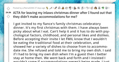 Picky Eater Walks Out Of Christmas Dinner Organized By Future In-Laws Because They Didn't Cook Her Favorite Meal