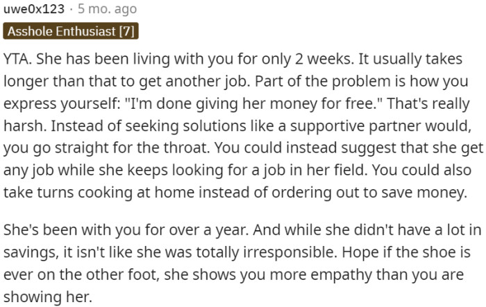 OP should be more supportive, not harsh.