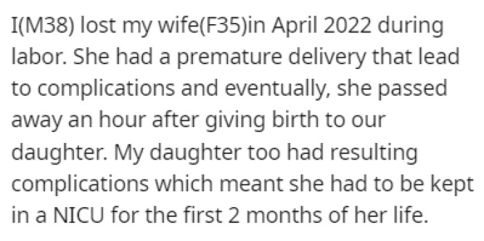 OP lost his wife while she was giving birth to their daughter