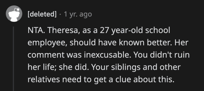 OP didn't make Theresa say those things. Theresa is simply facing the consequences of her words.