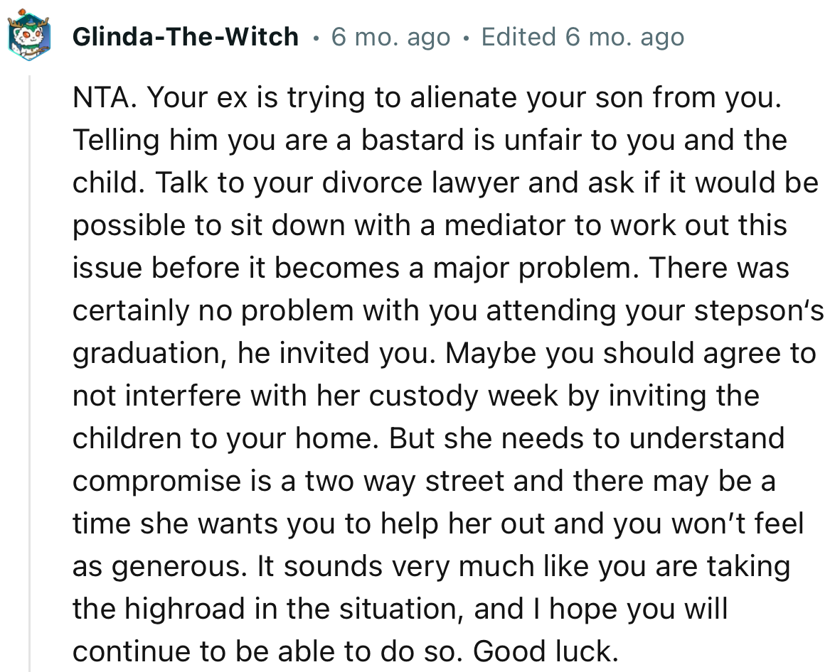 “Talk to your divorce lawyer and ask if it would be possible to sit down with a mediator to work out this issue before it becomes a major problem.”