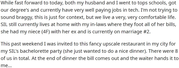 OP's sister-in-law (the golden child in the family) still lives at home with her parents and is on marriage #2.