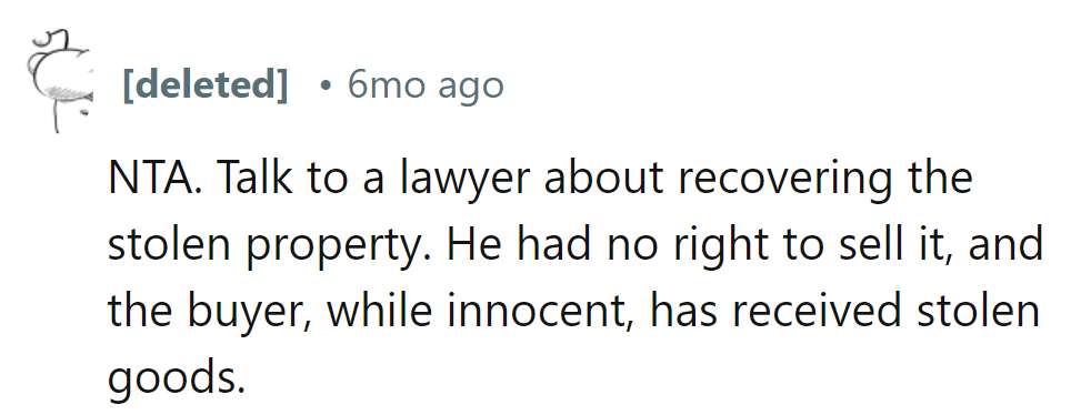 Lawyer up, reclaim the stolen art! Brother's no art dealer, and the buyer's in for a legal surprise.