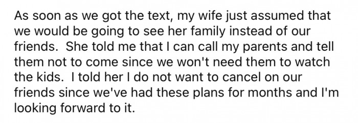 OP's wife just assumed that Christmas with her family would be more important than spending New Year's Eve with their friends.