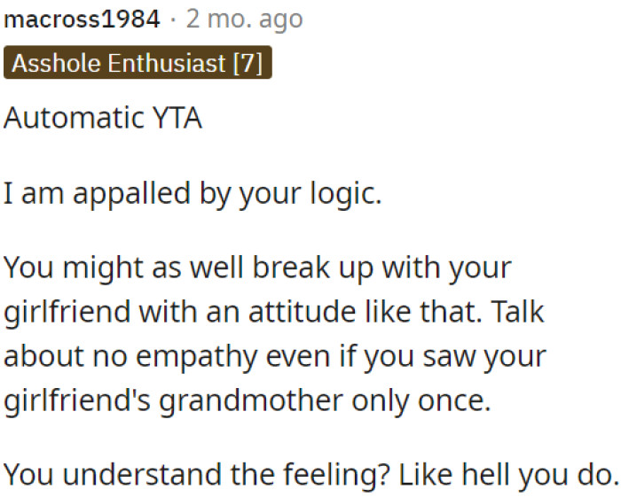 OP's lack of empathy is shocking.