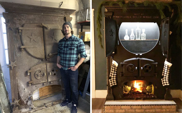 23. They repurposed an antique boiler door into an electric fireplace/liquor cabinet.