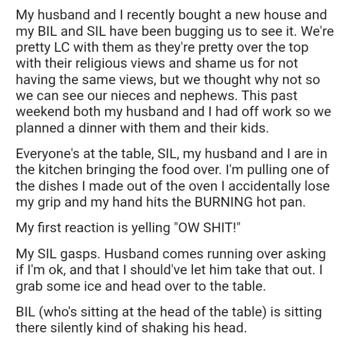 The OP pulls one of the dishes she made out of the oven and accidentally loses her grip