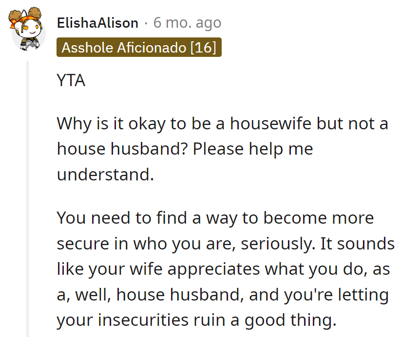 Equality in chores and titles, not just home decor. Upgrade self-esteem, not roles.