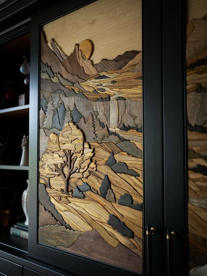 "I Made These Intarsia Panels For A Custom Entertainment Center Out Of 19 Species Of Unstained Wood"