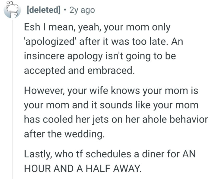 It sounds like the OP's mom has cooled her jets