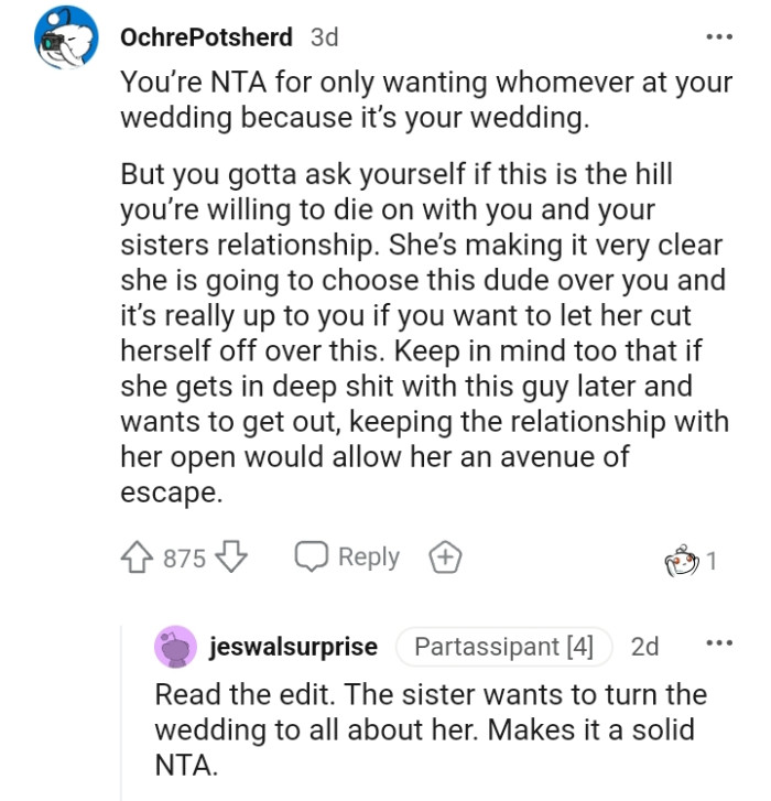 She's making it clear she would choose the guy over her