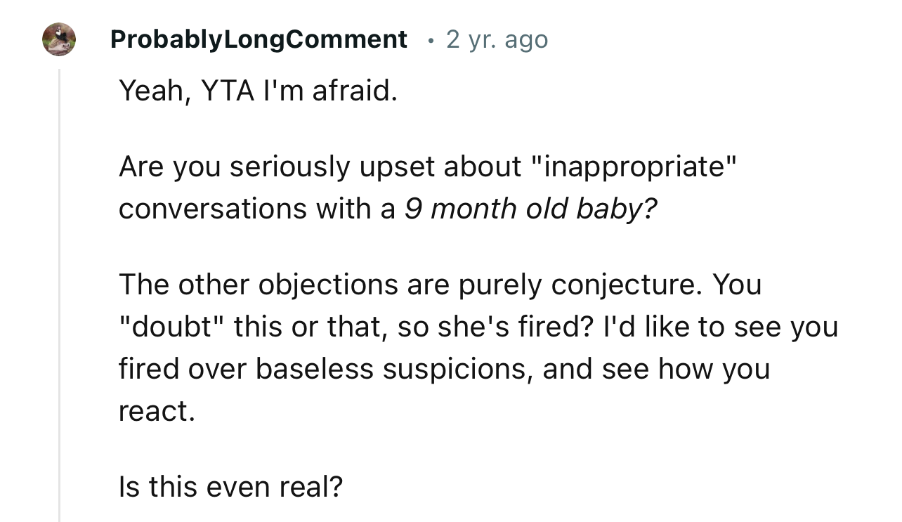 “Are you seriously upset about ‘inappropriate’ conversations with a 9-month-old baby?”