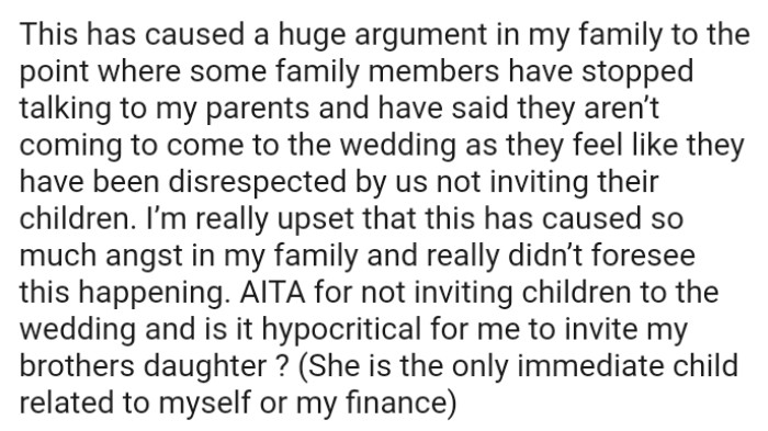 The OP is really upset that this has caused so much anger in the family