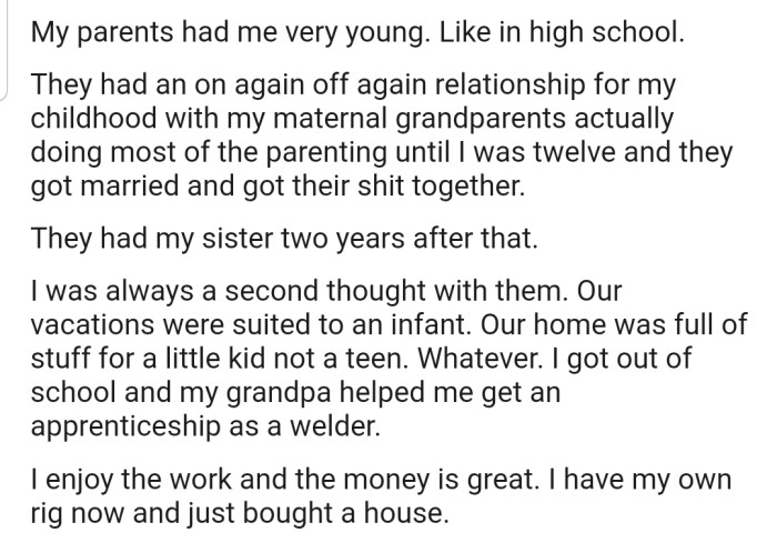 OP explained that they were raised mostly by their maternal grandparents due to their parents' on-and-off relationship. Now OP is out of school and has a good job that pays well.