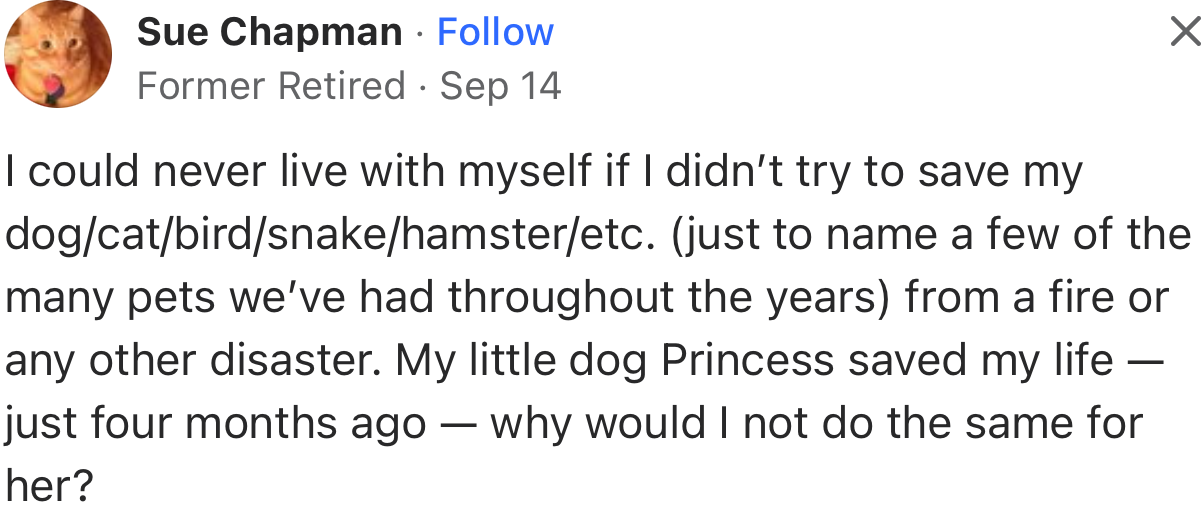 “I could never live with myself if I didn’t try to save my dog/cat/bird/snake/hamster/etc.”