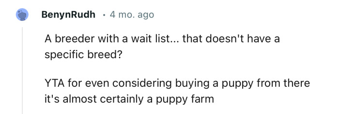 “YTA for even considering buying a puppy from there; it's almost certainly a puppy farm.”