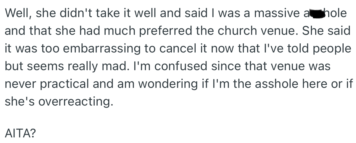 OP’s fiancée didn’t take things lightly