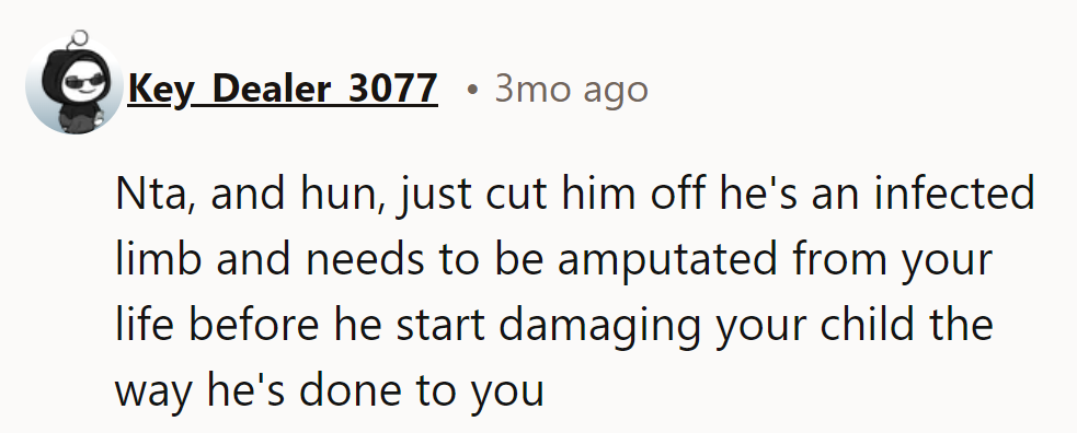 NTA—he should cut him off; he’s an infected limb that could harm his child like he harmed him.