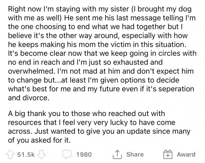 OP's husband still sees his mom as a victim and blames her for ruining their marriage.