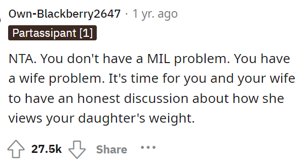 His wife is definitely the one in the wrong because she should really be having this conversation with her mother.