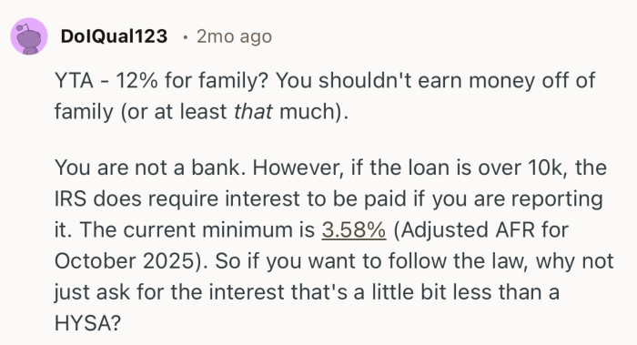 “YTA - 12% for family? You shouldn't earn money off of family (or at least that much).”