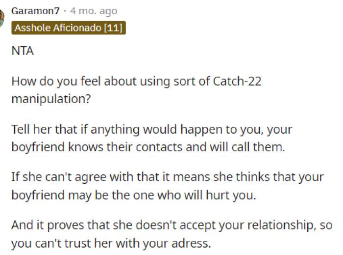 Some people came to give her advice on how she can throw her parents off track regarding knowing where she lives.