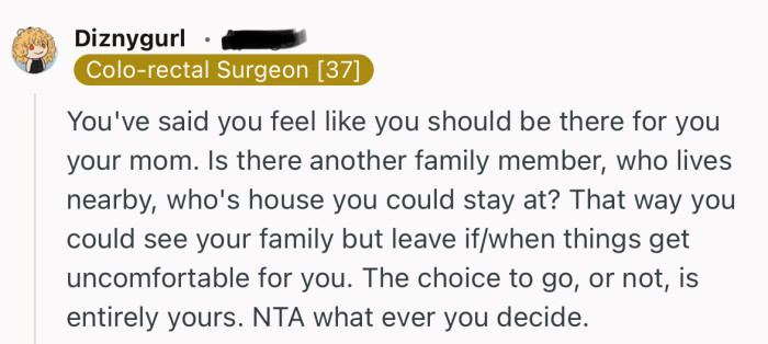 “The choice to go, or not, is entirely yours. NTA what ever you decide.”