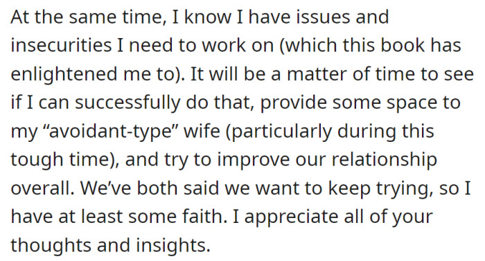 Acknowledging personal issues, they're working to improve post-book insights, expressing a shared desire to keep trying.