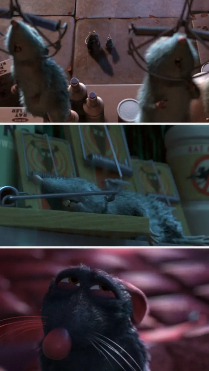 2. Ratatouille (2007): Remy's dad took him to a poison shop to show him what happens to rats that get too comfortable around humans.
