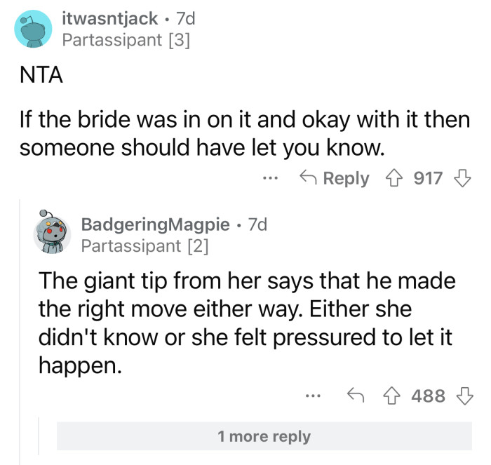 No one confirmed that the bride was okay with the proposal.