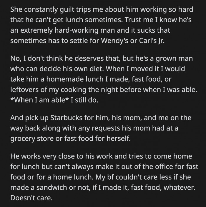 While OP would like to deliver homemade food for him every day, it takes too much time out of her schedule.