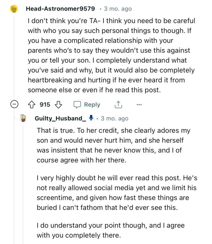 “I don’t think you’re TA—I think you need to be careful with whom you say such personal things to, though.”