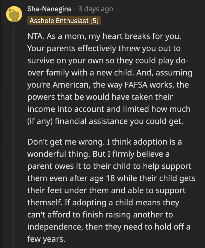 A mother left a comment for OP on how it was heartbreaking for her to hear about his situation.