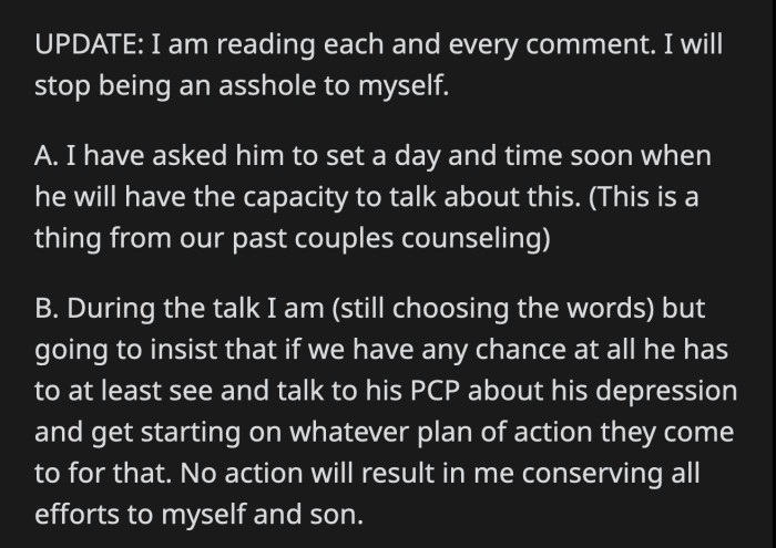 I wonder what OP's next course of action is if her husband resists therapy